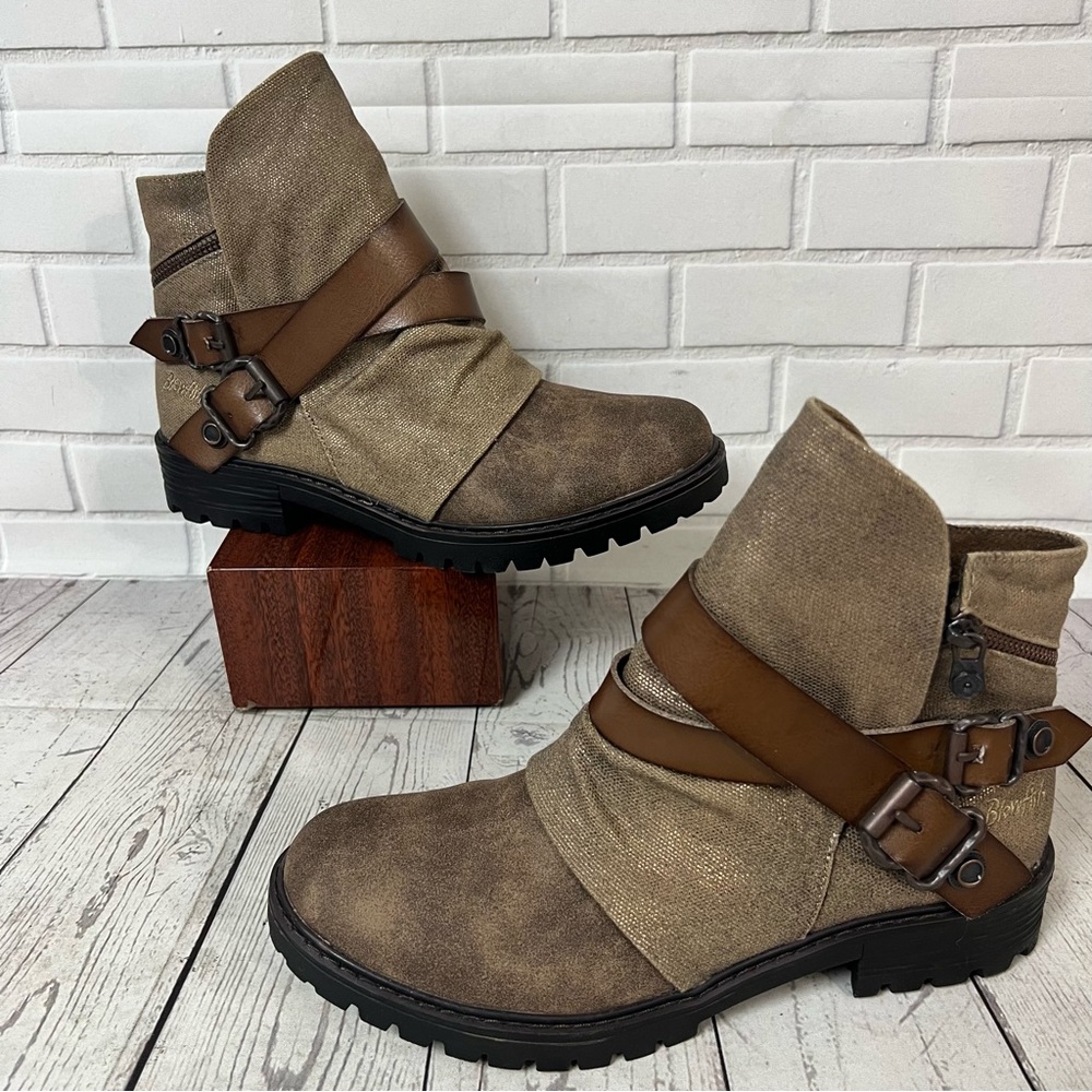 Blowfish Boots Women Size 9 Flat Low Malibu Brown Chunky Buckles Tab Canvas